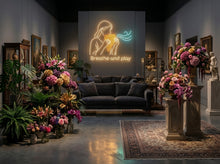 Load image into Gallery viewer, Breathe and play neon sign, Girl pan flute neon sign, Pan flute player neon sign

