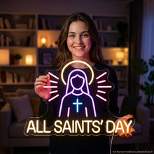 Load image into Gallery viewer, All Saints Day Neon Sign, Catholic Saints Neon Sign, Feast Day Neon Sign warm white
