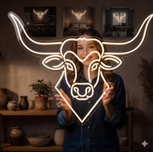 Load image into Gallery viewer, Bull head neon sign, longhorn bull neon sign, cow head neon sign, chikago neon sign

