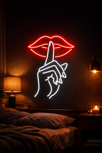 Load image into Gallery viewer, Shushing lips be quiet neon sign, hush finger mouth neon sign
