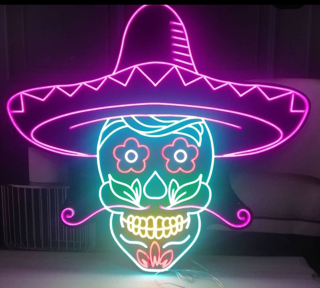 Mexican Skull Neon Sign, Skeleton Neon sign in sambrero, Skull and Crossbones Neon sign, Pirate Skull Neon sign, Death's Head Neon sign