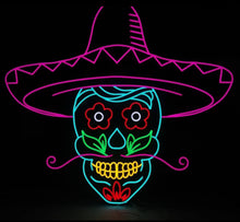 Load image into Gallery viewer, Mexican Skull Neon Sign, Skeleton Neon sign in sambrero, Skull and Crossbones Neon sign, Pirate Skull Neon sign, Death&#39;s Head Neon sign
