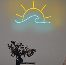 Load image into Gallery viewer, Sun behind the wave neon sign, sunset neon light, sunrise led light, custom ocean waves led sign
