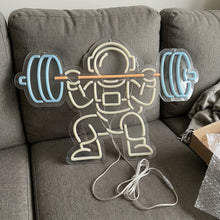 Load image into Gallery viewer, Astronaut Neon Sign, Space Lifter Neon, Cosmic Weightlifting Artwork – Barbell Astronaut Light
