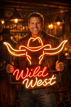 Load image into Gallery viewer, Wild West bull hat neon sign, Cowboy steer neon sign, Western bull head neon sign
