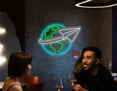 Adventure neon sign, planet earth neon sign, airplane neon sign