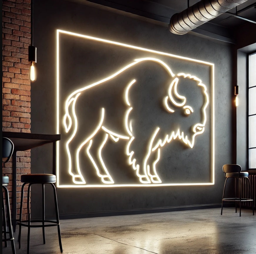Bison neon sign, bison LED sign, buffalo LED light, neon buffalo light, bison silhouette neon, glowing bison sign, buffalo outline neon, neon buffalo wall art, bison head neon sign
