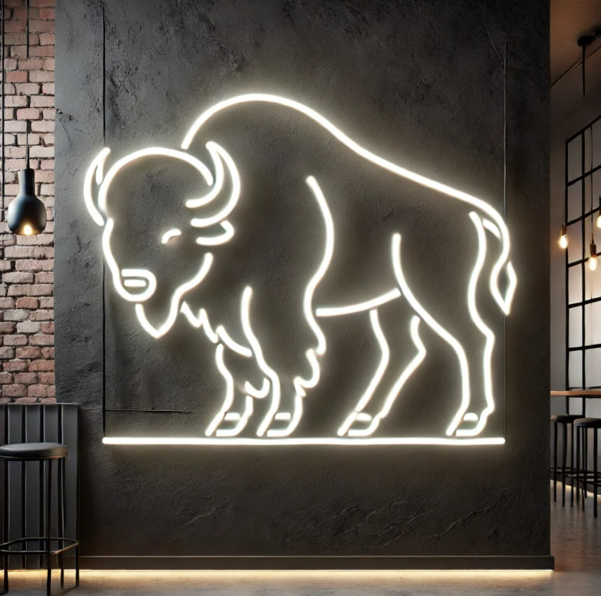 Buffalo neon sign, bison LED sign, buffalo LED light, neon buffalo light, bison silhouette neon, glowing bison sign, buffalo outline neon, neon buffalo wall art, bison head neon sign