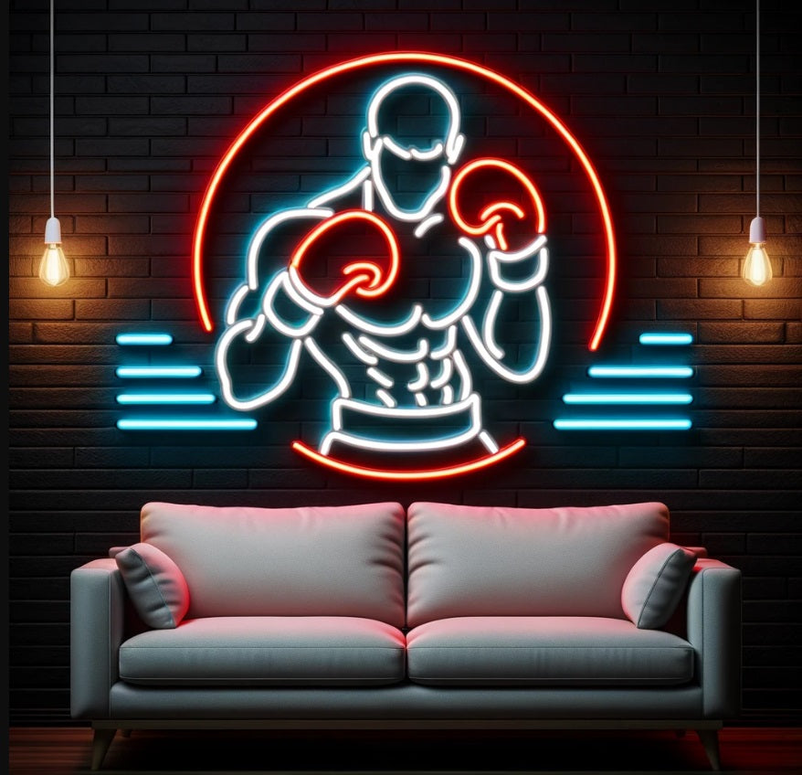 Boxer neon sign, Neon silhouette boxing