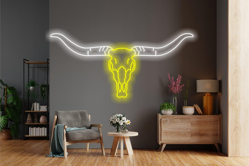 Bull skul neon sign, longhorn skull neon sign, bull skull neon light, Cow skull neon sign, Neon bull head sign, Western-themed neon sign