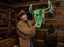 Load image into Gallery viewer, Bull skull neon sign, Bull Horns neon sign, Bull skull light up, Cowboy neon sign, texas neon sign
