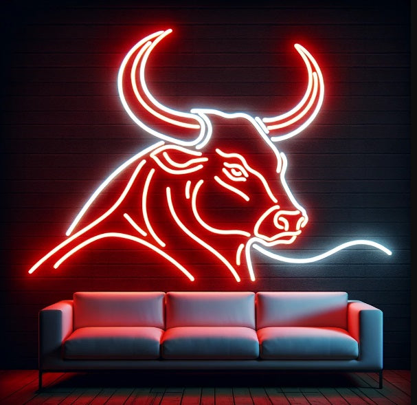 Bull head neon sign, Cowboy neon light, Western-themed neon art