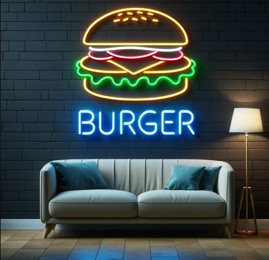 Burger Neon sign, hamburger Neon Sign, Fast Food neon Sign, Kitchen Wall Decor, bar neon sign
