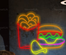 Load image into Gallery viewer, Burger Neon Sign, burger and chicken nuggets neon sign, food neon light
