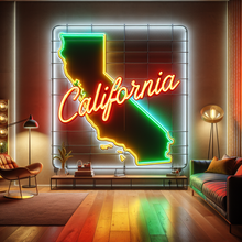 Load image into Gallery viewer, California State Outline map neon sign. With California Lettering – State Shape Neon Light
