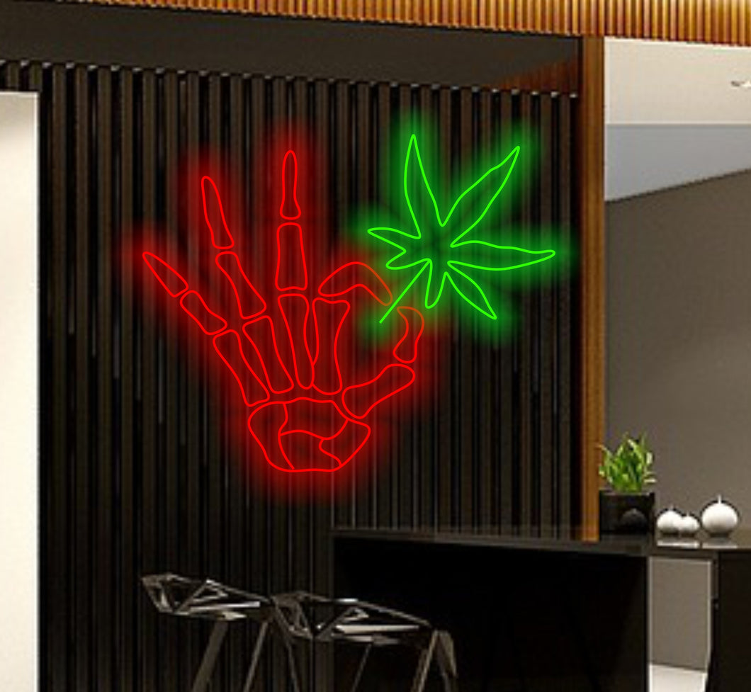 Cannabis Neon Sign, skeleton arm with cannabis neon sign, Skellihand with cannabis Neon Sign