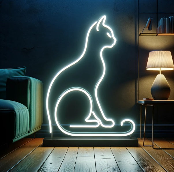 Cat neon sign, cat neon light, neon cat silhouette, cat-shaped neon sign, neon kitty sign, neon pet sign, kitty-shaped neon light