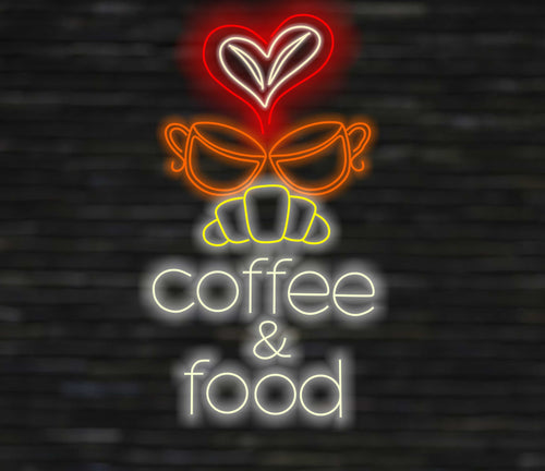 Neon sign coffee and food, neon sign for cafe