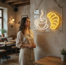 Load image into Gallery viewer, Neon coffee cup and croissant sign, Coffee cup neon sign, Croissant neon sign, Coffee and croissant neon, Neon coffee cup and breakfast sign
