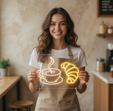 Load image into Gallery viewer, Neon coffee cup and croissant sign, Coffee cup neon sign, Croissant neon sign, Coffee and croissant neon, Neon coffee cup and breakfast sign
