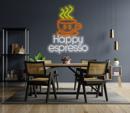 Coffee neon sign, happy espresso with coffee cup led light