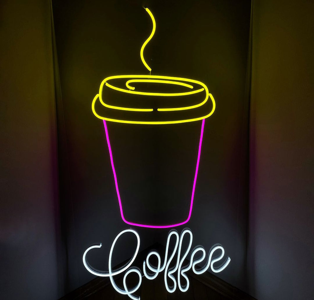 Glass of coffee, Cup of coffee, Fresh coffee sign, neon sign, cafe signs, business decor, cafe neon signs, coffee to go, Coffee neon sign.