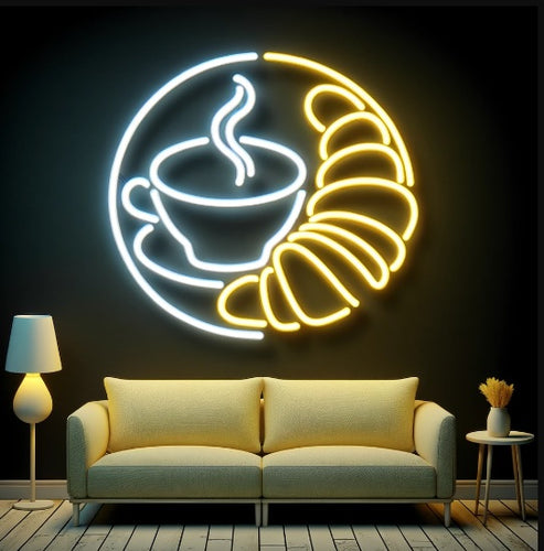 Neon coffee cup and croissant sign