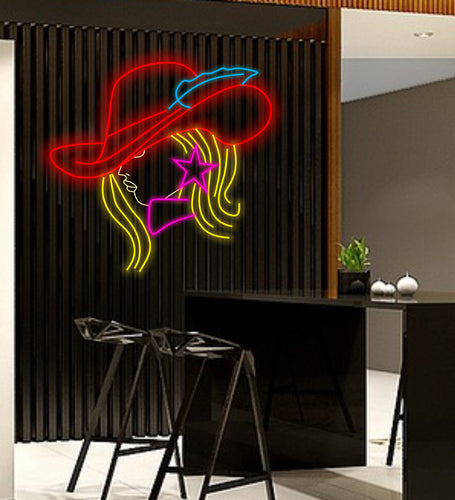 Cowgirl neon sign, girl in a cowboy hat led neon light,woman with a star earring light up sign