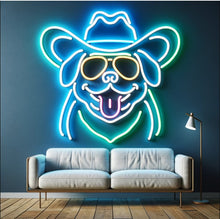 Load image into Gallery viewer, Neon sign in shape of bulldog with cowboy hat

