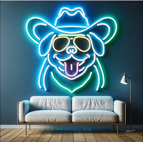 Neon sign in shape of bulldog with cowboy hat