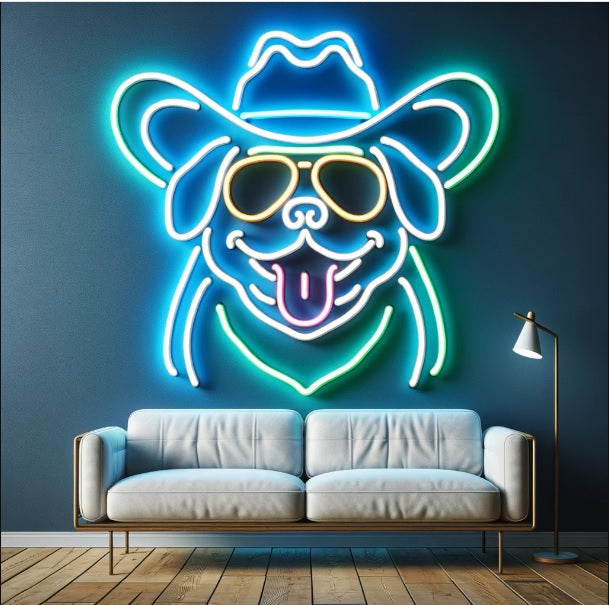 Neon sign in shape of bulldog with cowboy hat