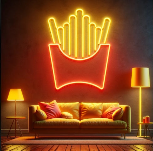 French fries neon sign, Fast food neon sign, Neon sign shaped like cup with fries, French fries LED sign, Neon light potato fries sign