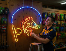 Load image into Gallery viewer, Fish neon sign, Neon sign with walleye fishing, Walleye neon sign for sale, Fishing neon sign with walleye, Fisherman's neon sign with walleye, Walleye hook
