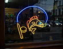 Load image into Gallery viewer, Fish neon sign, Neon sign with walleye fishing, Walleye neon sign for sale, Fishing neon sign with walleye, Fisherman's neon sign with walleye, Walleye hook
