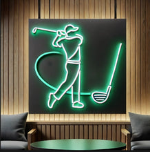 Load image into Gallery viewer, Golf Swing Neon Sign, golfer mid swing neon sign, golf stroke neon sign, fairway golfer neon sign
