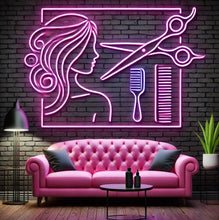 Load image into Gallery viewer, Women’s Haircut Neon Sign, hair scissors neon sign, salon comb neon sign, hairstylist tools neon sign Pink
