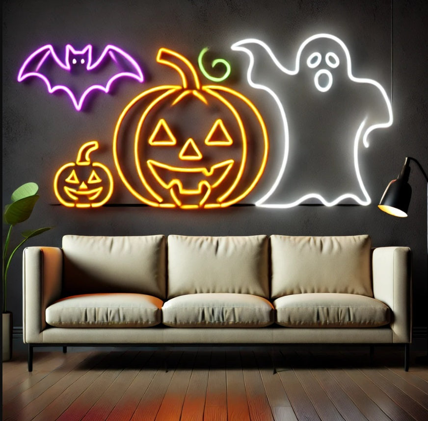 Pumpkin, bat, ghost neon sign, Haunted house neon decor, Halloween ghost neon sign, Orange neon pumpkin light, Neon Halloween decorations