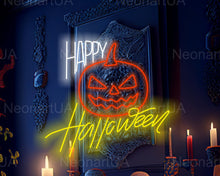 Load image into Gallery viewer, Happy Halloween neon sign, Haunted house neon decor, Unique Halloween neon sign, Orange neon pumpkin light, Neon Halloween decorations
