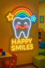 Load image into Gallery viewer, Tooth &amp; Happy Smiles Neon Sign, dentist signage neon sign, dental care neon sign, tooth logo neon sign
