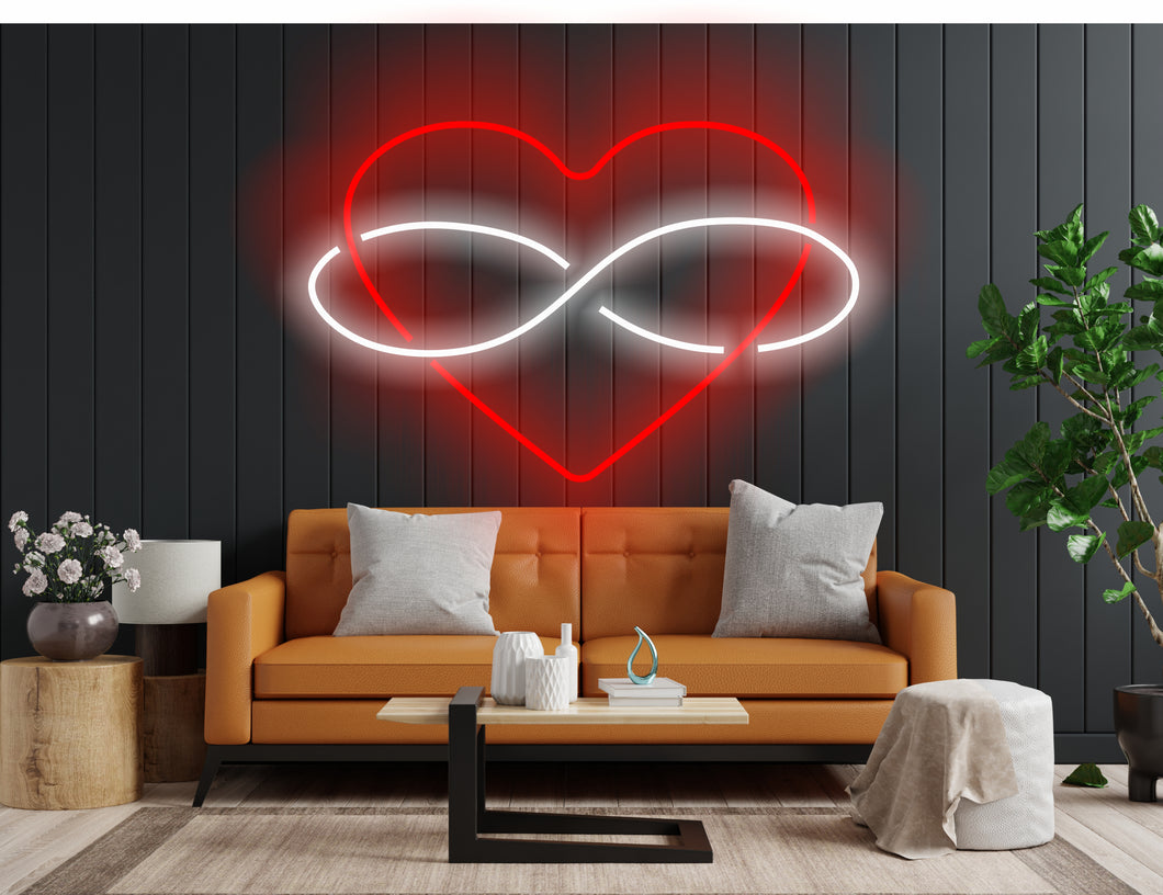 Neon heart sign with infinity symbol for lovers, infinity sign and heart valentine's day gift, neon sign for heart-shaped wedding decor