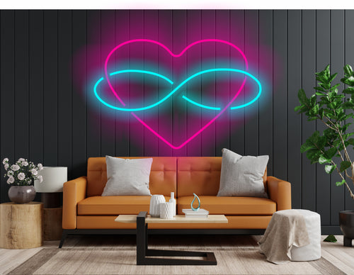 Neon heart sign with infinity symbol for lovers
