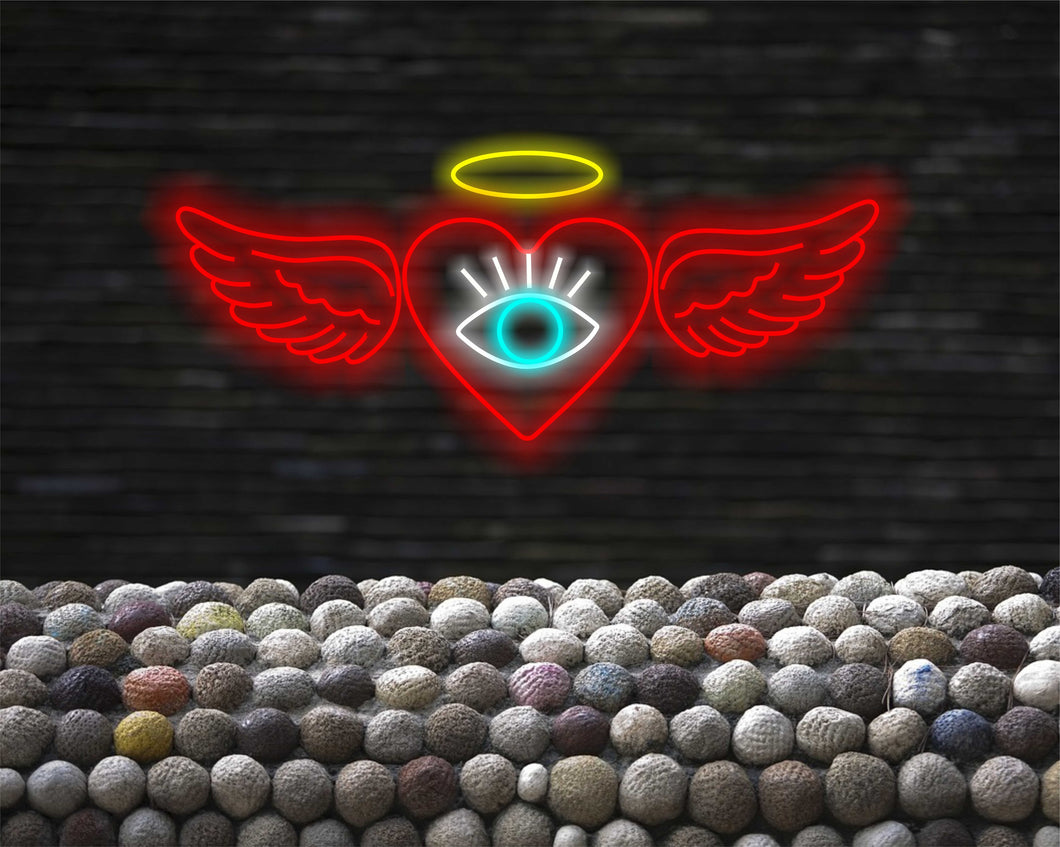 Neon heart sign with wings and all-seeing eye, Neon love sign with wings and eye, Neon cupid heart sign with all-seeing eye, Neon lovesymbol