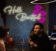 Load image into Gallery viewer, Hello beautiful neon sign, hello beautiful led light sign, hello gorgeous neon sign, Hello Sunshine neon sign, gift for her neon sign
