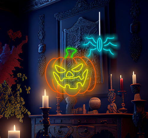 Halloween pumpkin and spider neon sign