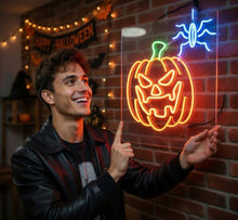 Load image into Gallery viewer, Halloween pumpkin and spider neon sign, Haunted house neon decor, Unique Halloween neon sign, Orange neon pumpkin light, Neon Halloween decorations
