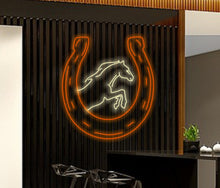 Load image into Gallery viewer, Horseshoe and Horse neon sign, Horse led neon, horseshoe led neon, Symbol of good luck neon sign, rodeo led sign, western decor neon light, cowboy horse led light

