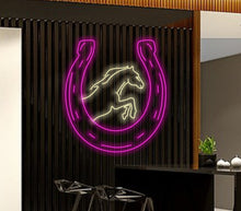 Load image into Gallery viewer, Horseshoe and Horse neon sign, Horse led neon, horseshoe led neon, Symbol of good luck neon sign, rodeo led sign, western decor neon light, cowboy horse led light
