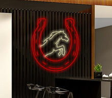 Load image into Gallery viewer, Horseshoe and Horse neon sign, Horse led neon, horseshoe led neon, Symbol of good luck neon sign, rodeo led sign, western decor neon light, cowboy horse led light
