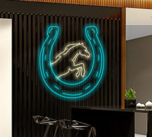 Load image into Gallery viewer, Horseshoe and Horse neon sign, Horse led neon, horseshoe led neon, Symbol of good luck neon sign, rodeo led sign, western decor neon light, cowboy horse led light

