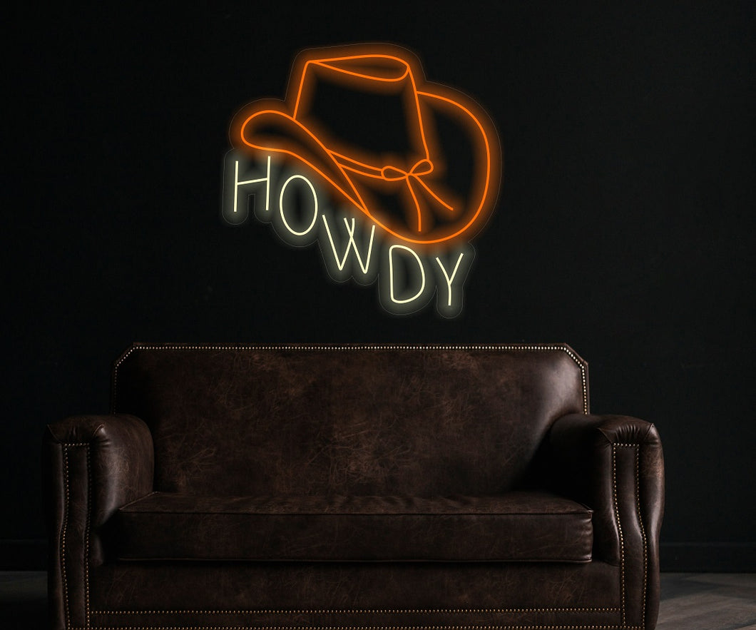 Howdy neon sign, cowboy hat sign, western led sign, North American greeting neon light, cowboy party decor led light